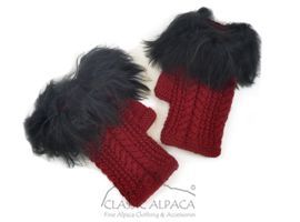 Red alpaca gloves with black fur trim