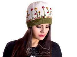 Woman wearing floral alpaca beanie
