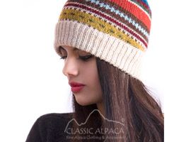 Woman wearing colorful knitted beanie