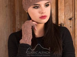 Model wearing brown alpaca accessories