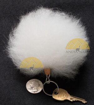 Fuzzy white keychain accessory with quarter
