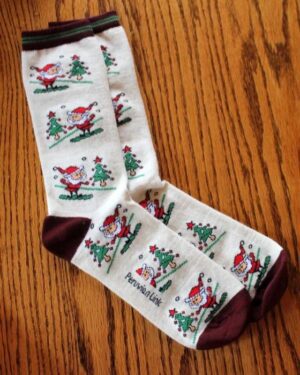 Santa-themed holiday socks displayed