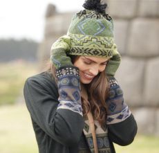 Smiling woman in patterned winter clothing
