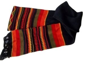 Vibrant knitted scarf with black ends