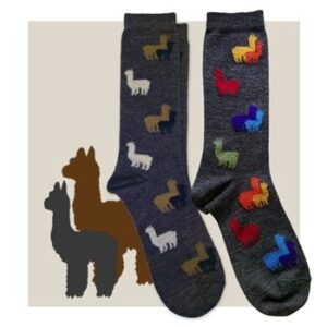 Colorful llama socks on display