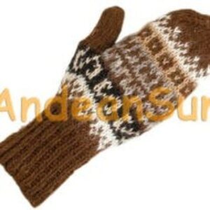 Brown and white knitted mitten with geometric patterns.