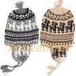 Two patterned knit winter hats with earflaps and tassels.