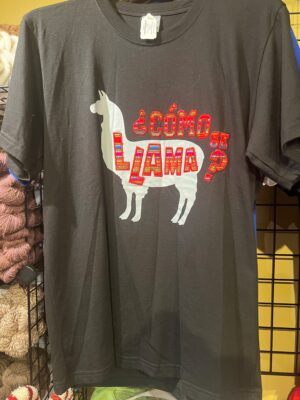 Brown T-shirt with a white llama and colorful text saying 'Georgia Llama'.