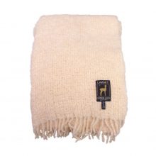 Soft beige wool scarf with fringed ends and a small black label.