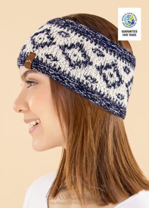 Close-up of a woman wearing a navy and white patterned knit headband.