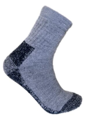 A gray sock with black heel and toe accents.