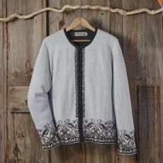 Light gray cardigan with dark floral embroidery on cuffs and hem.
