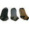 Three pairs of men's socks in black, gray, and brown with patterns.