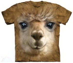 T-shirt featuring a realistic alpaca face design.
