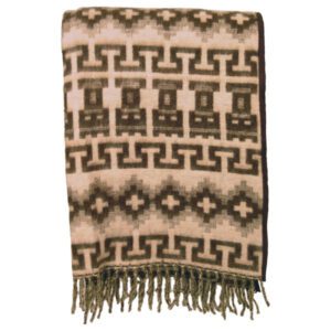 A brown and beige patterned woven blanket with fringe.