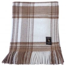 Brown and white plaid scarf with fringed ends.