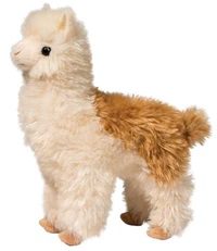 A fluffy, white and brown stuffed llama toy.
