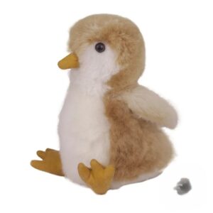 A cute plush bird toy with brown and white fur and orange beak and feet.