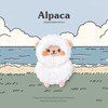 Cute alpaca standing near a beach with clouds in the sky.