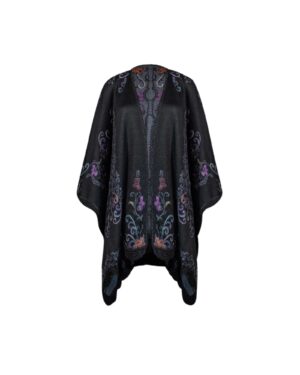 Elegant black kimono with intricate purple floral patterns.