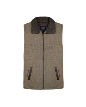 Brown wool vest with dark collar and zip pockets.