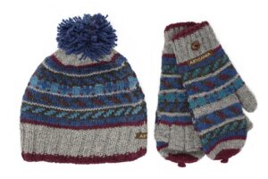 Gray knit beanie with pompom and mittens